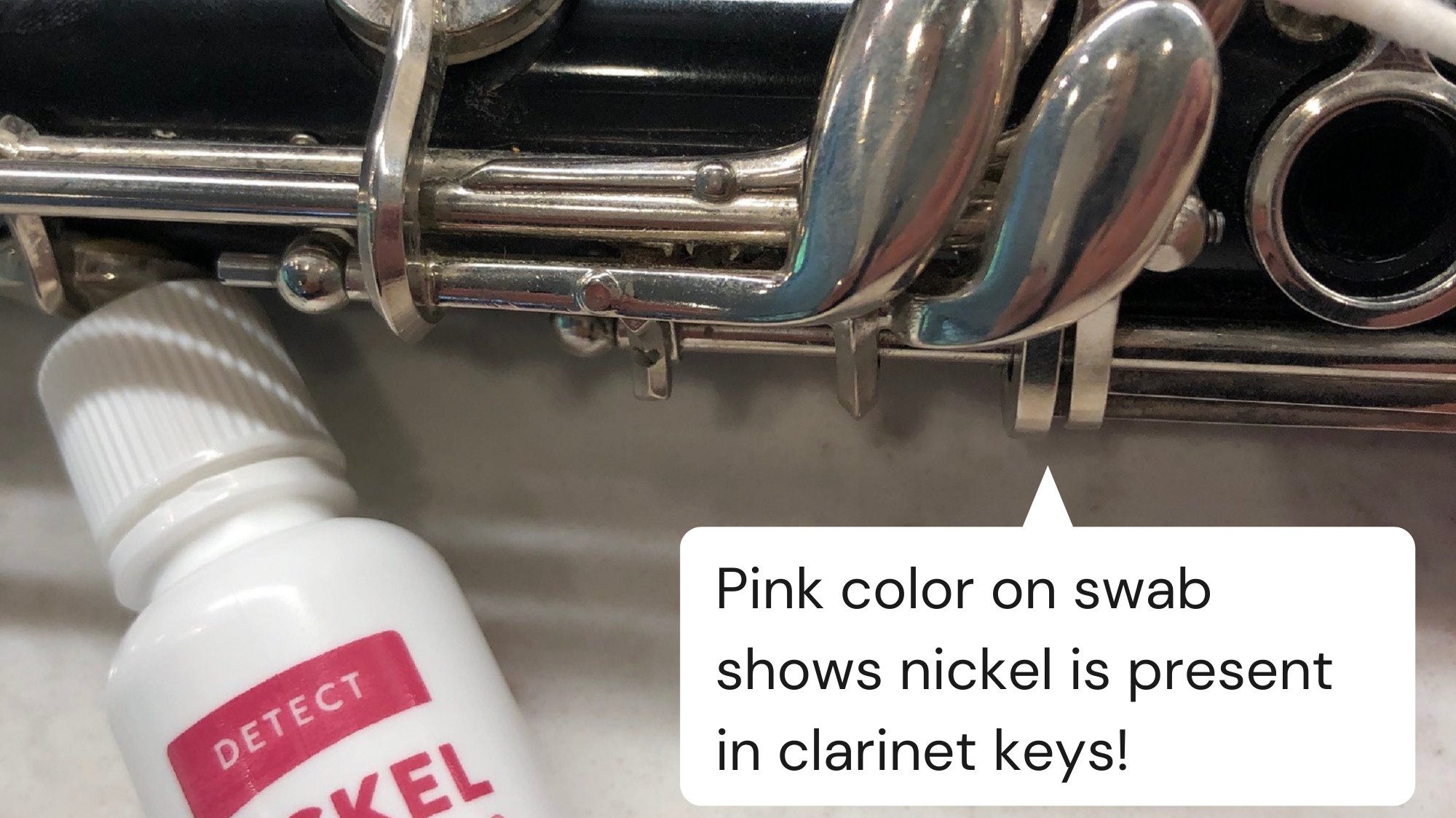 Image of Clarinet keys that tested positive for nickel.