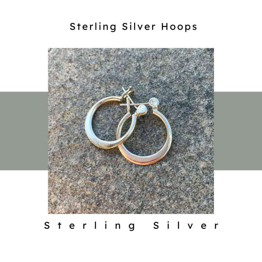 20 mm sterling silver hoop earrings.  traditional clasp closure. Hypoallergenic.
