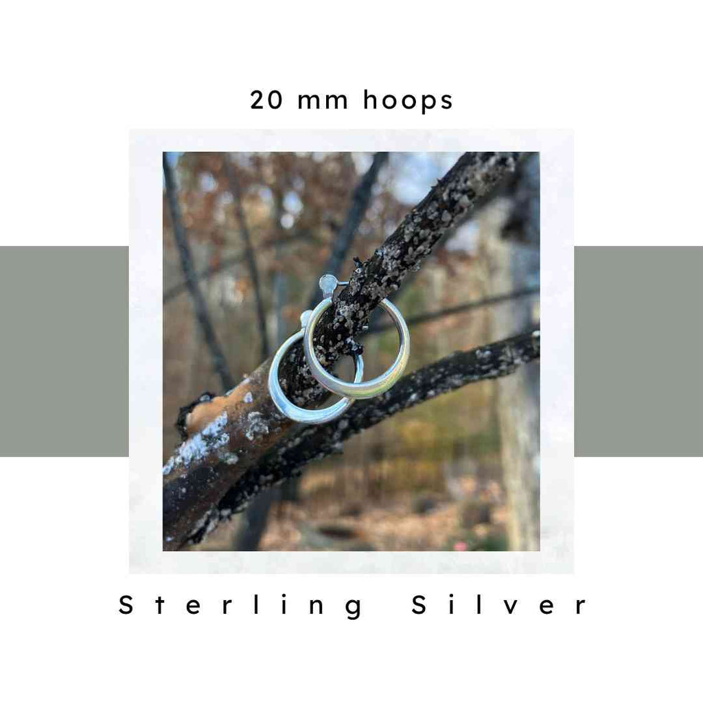 Nickel Free sterling silver hoop earrings. 20 mm size. Thicker than traditional wire hoops.