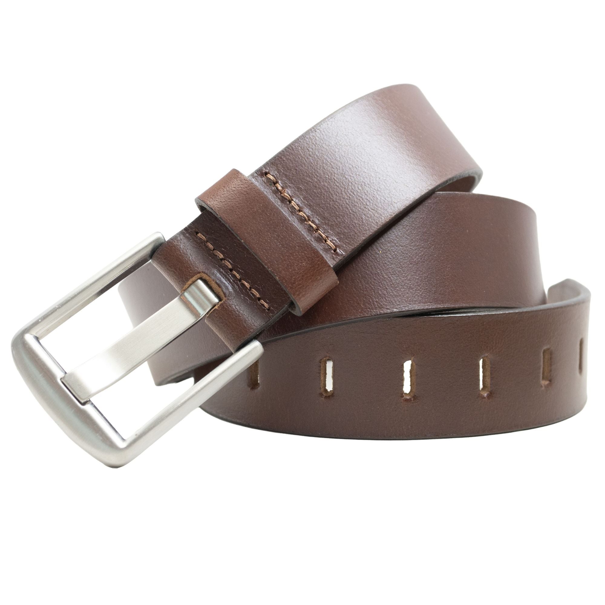 Brown leather belt with a silver buckle on a white background