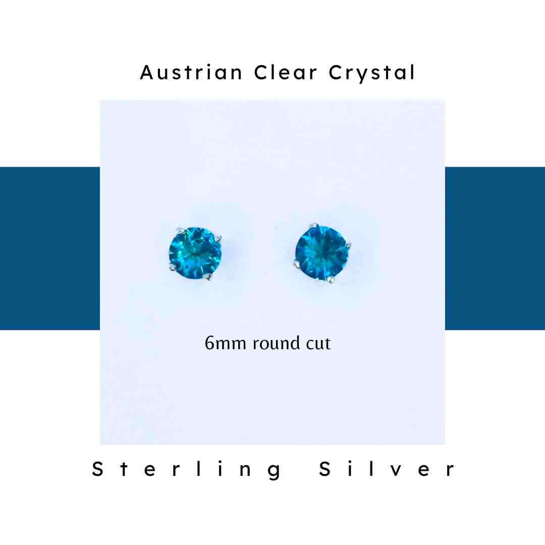 Aquamarine Crystal Post Earrings. Austrian Clear Crystal. 6mm round cut. Sterling Silver.