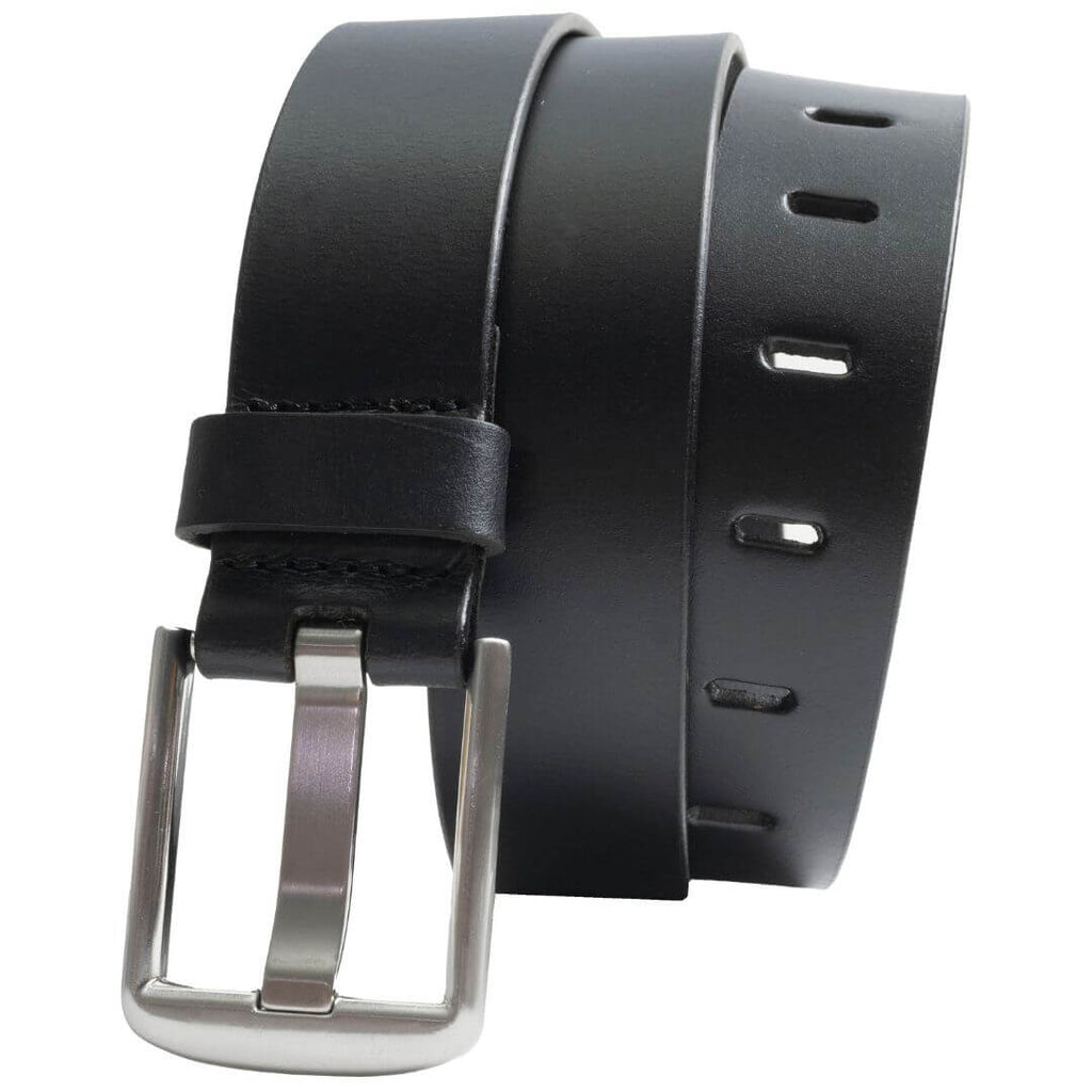 Black Wide Pin Leather Belt. Unique wide pin buckle with matching wide belt holes.