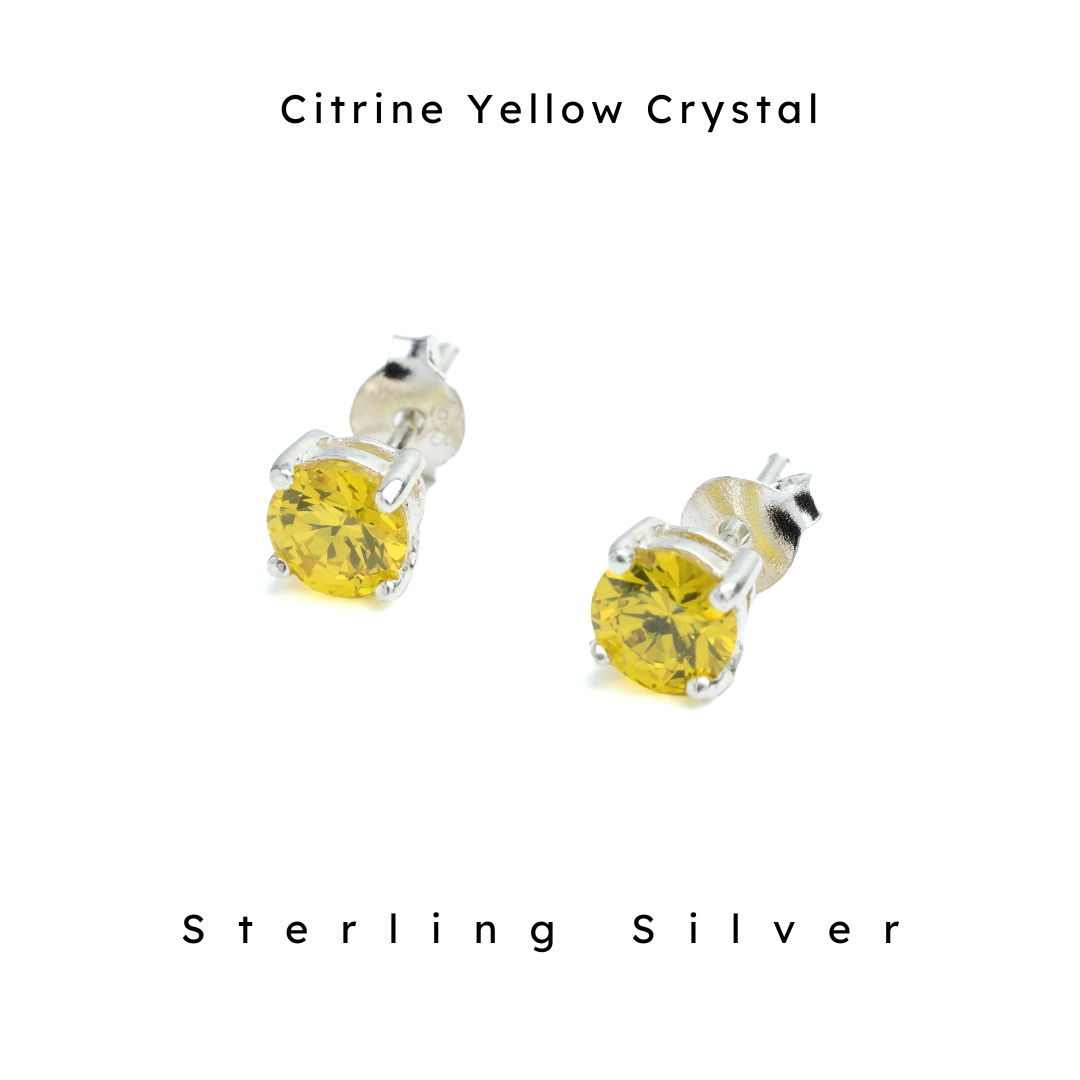 6 mm peridot citrine yellow crystal stone with sterling silver post. Nickel Free, hypoallergenic.