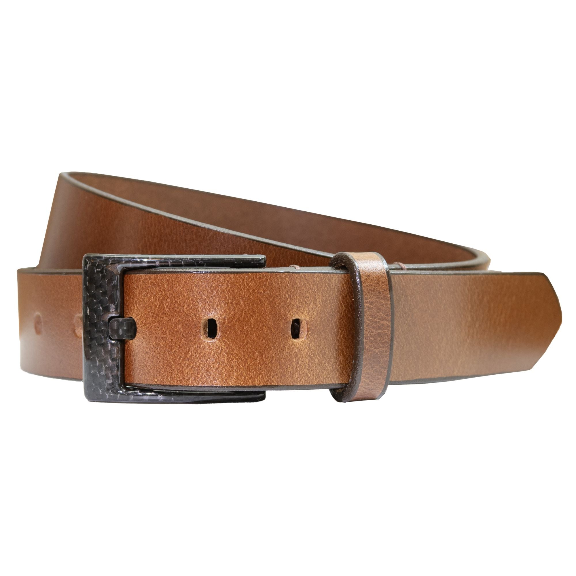Brown leather belt with a black buckle on a white background