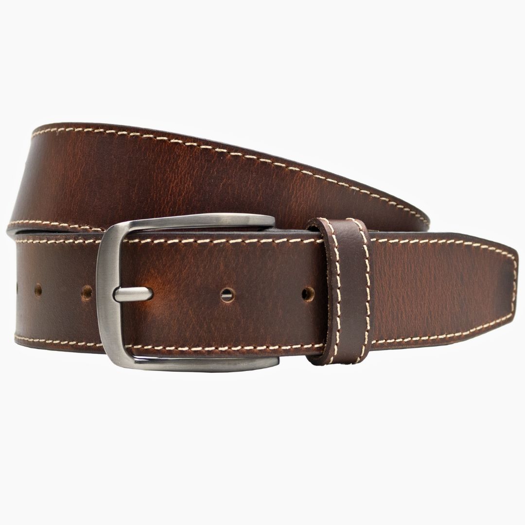 Brown Leather Belt with cream colored stitching on either edge. 1.5 inch Nickel Free Buckle