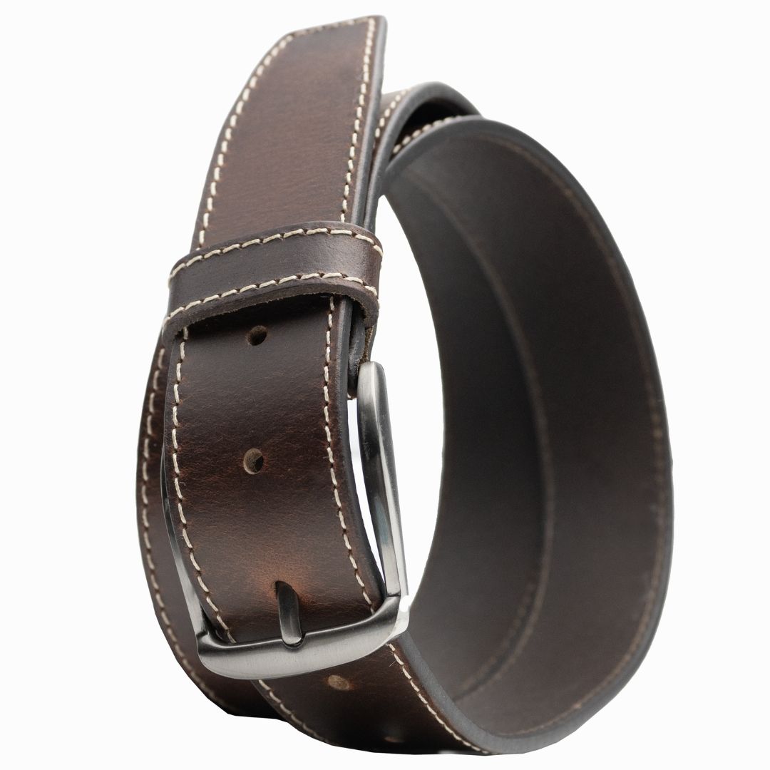 Dark Brown Leather belt with cream stitching on edges. Silver nickel free buckle