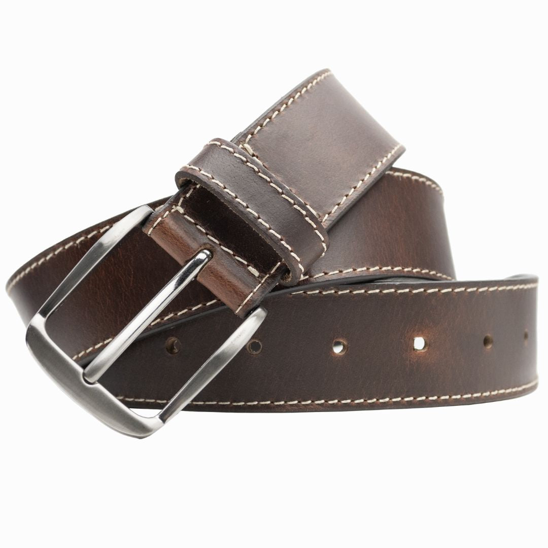 1.5 inch wide dark brown leather strap with gun metal gray buckle - nickel free.