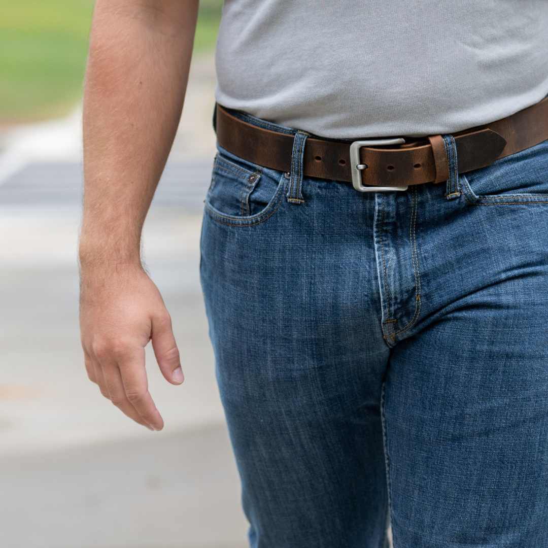 Brown Distressed Leather belt, 1.5 inches wide with silver, nickel free buckle. Casual Brown Belt