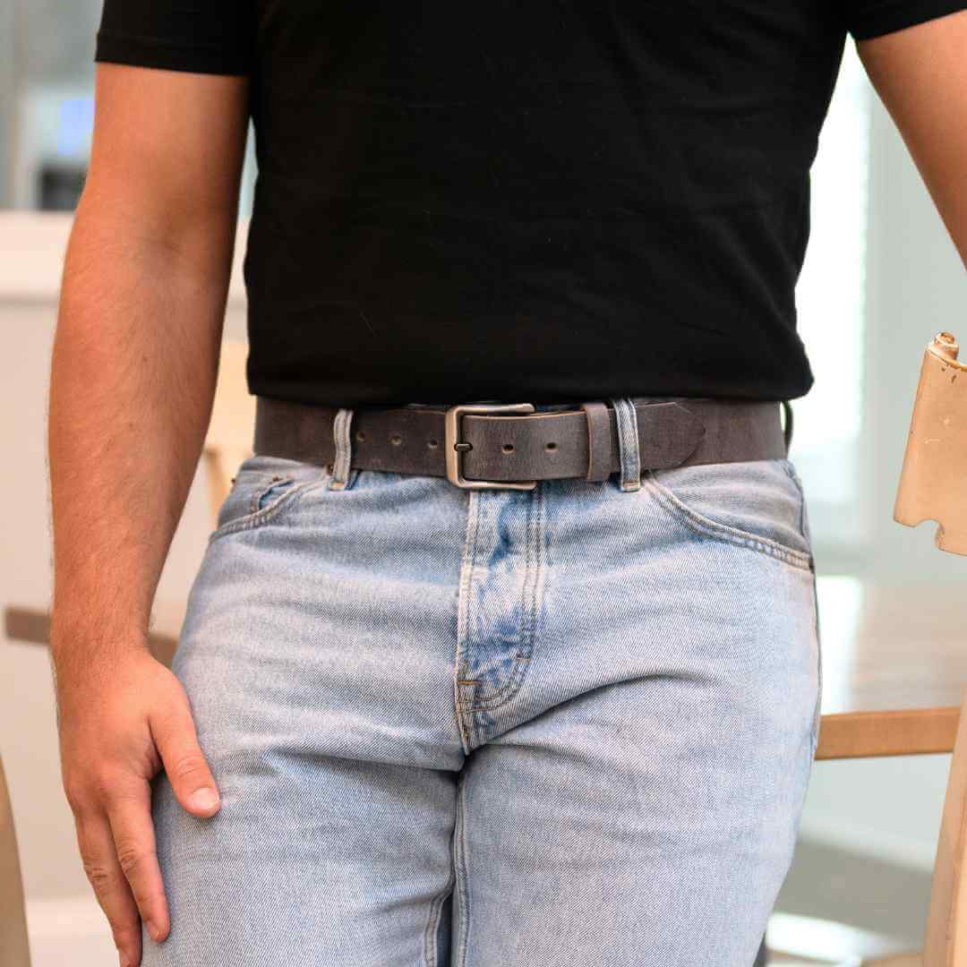 Distressed Gray Leather Strap with nickel free buckle. Silver, Square buckle with rounded edges. USA