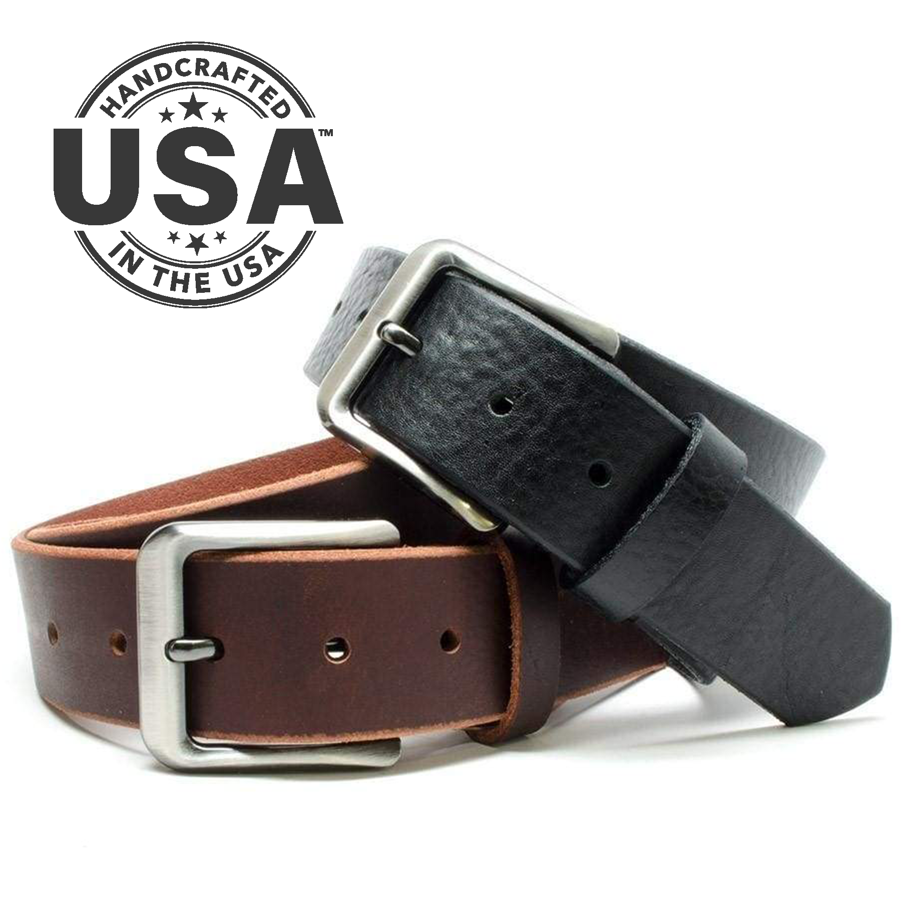One brown belt, and one black belt. Handcrafted in the USA.