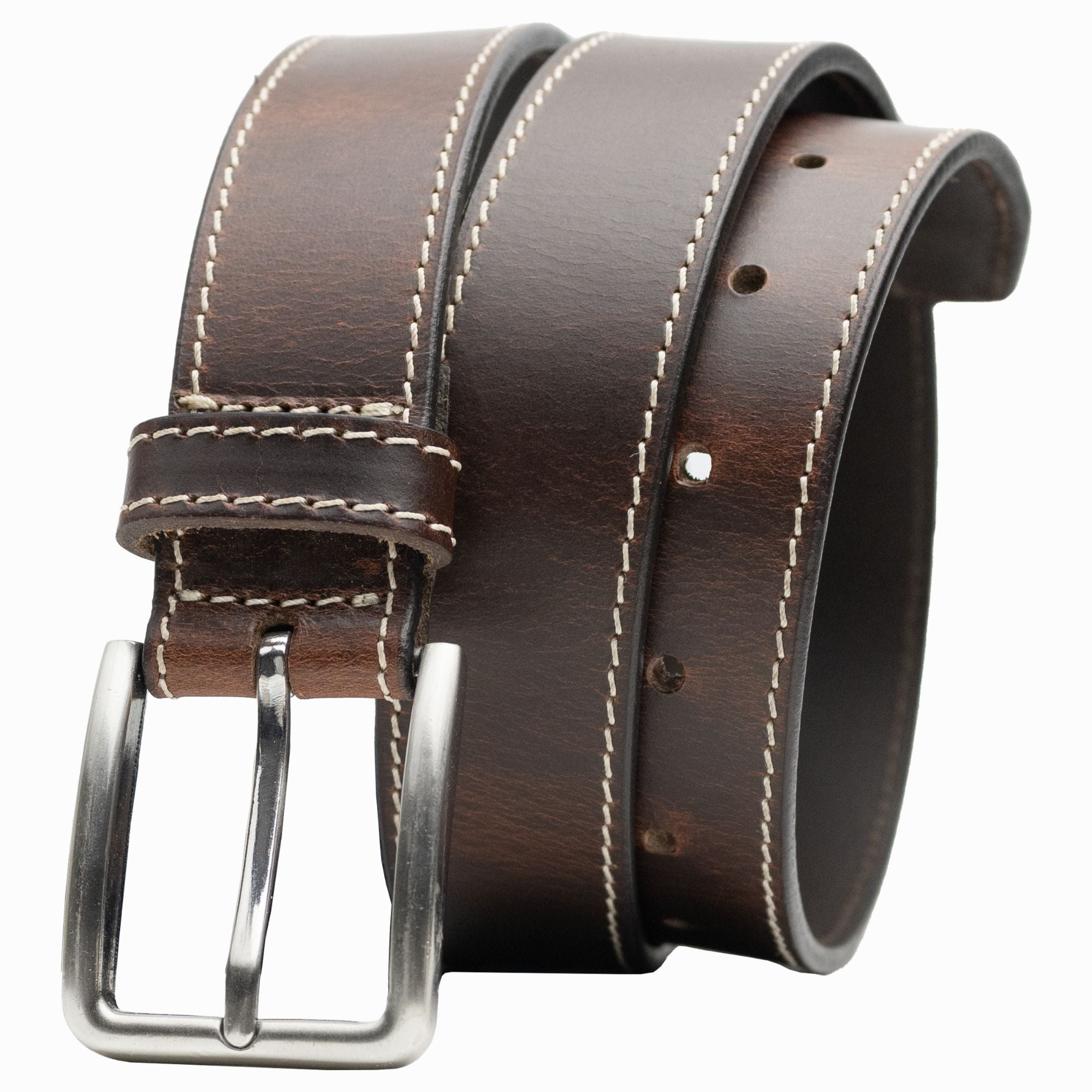 Slick City Brown Stitched Leather Belt by Nickel Zero | Hypoallergenic