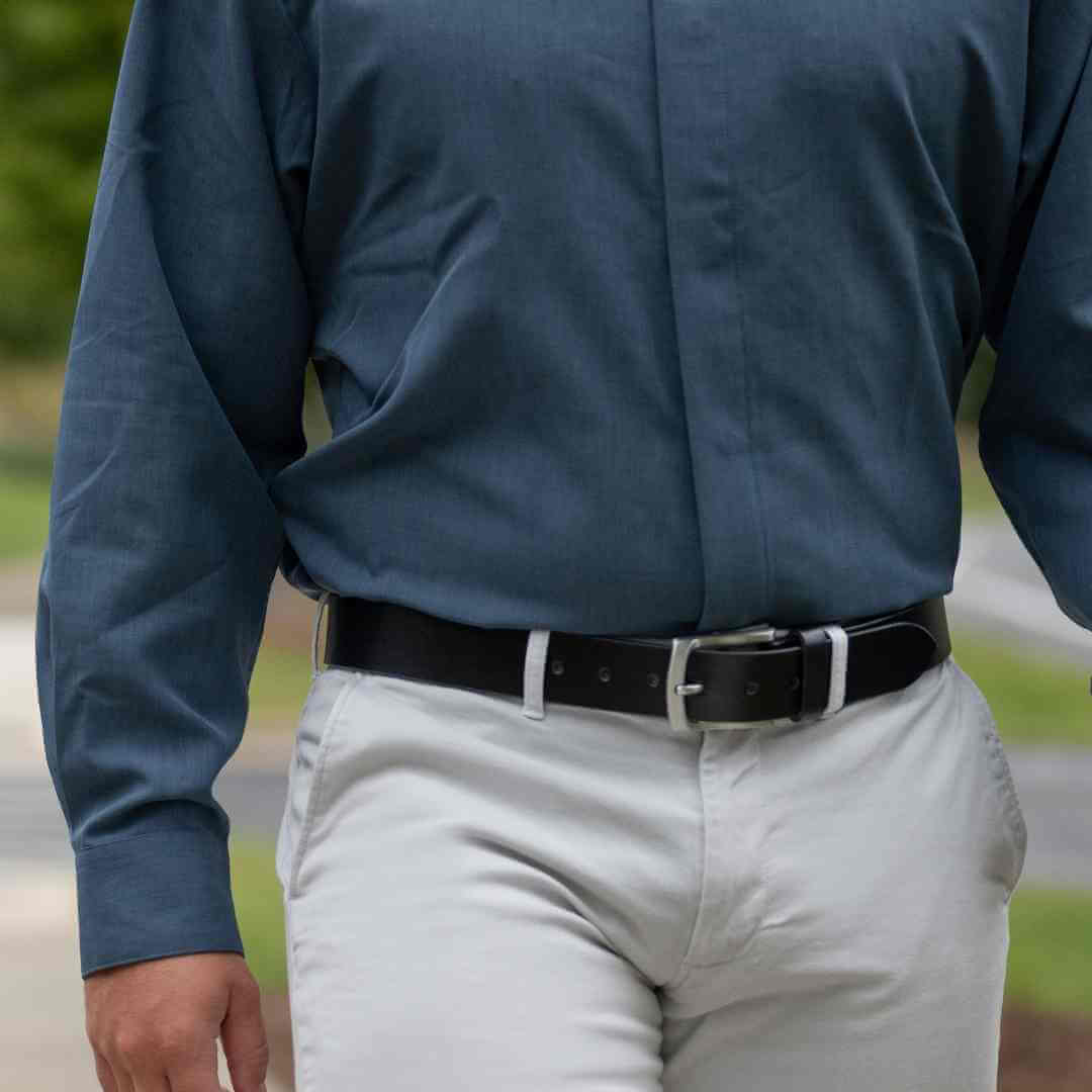 Silver, curved low profile buckle for sleek design with 1.5 inch black strap - Urbanite Black Belt