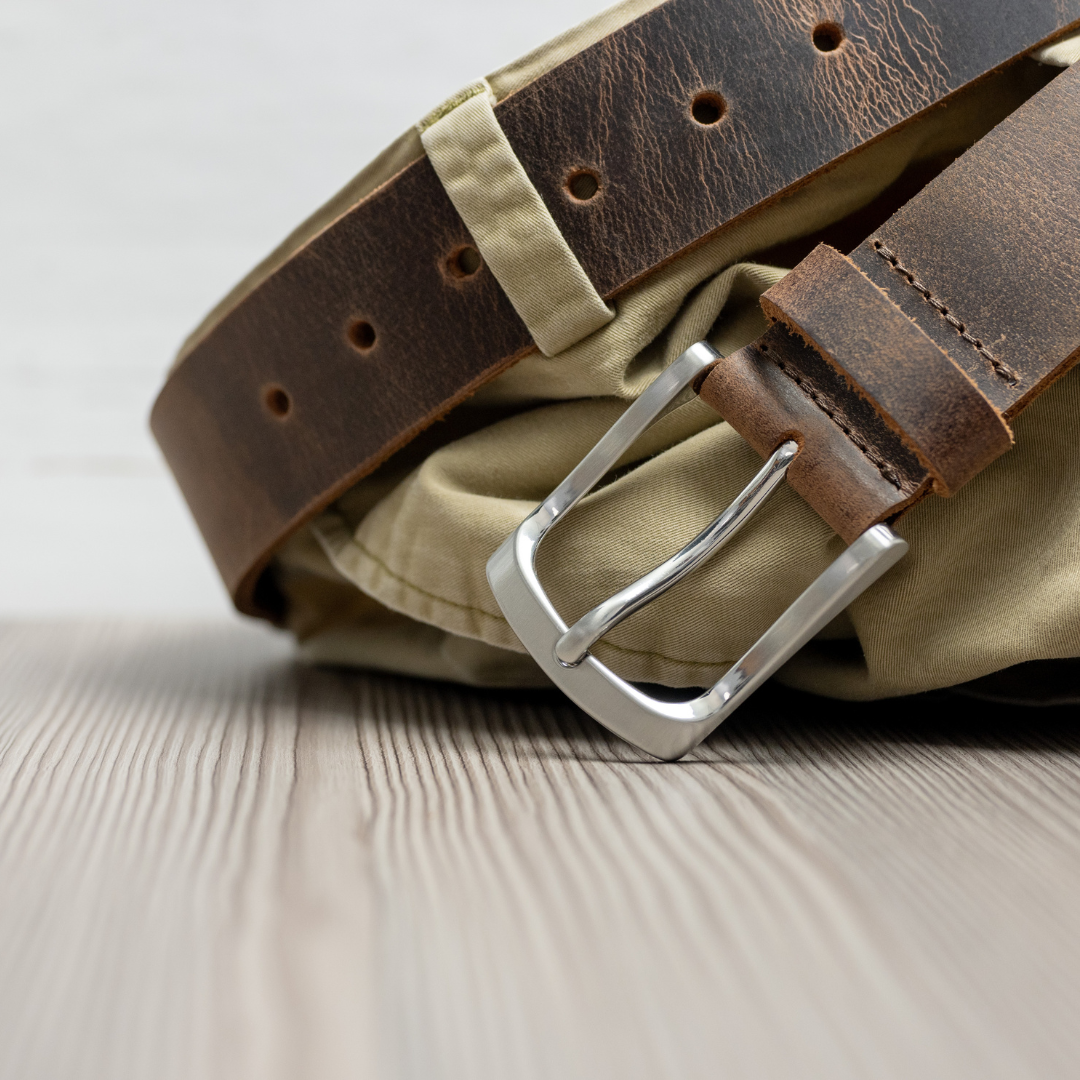 Urbanite Distressed Brown Leather Belt crumpled with khakis