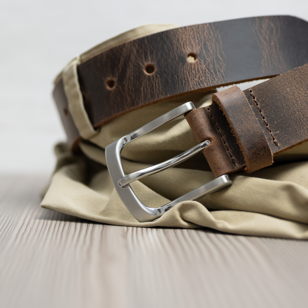 Urbanite Distressed Brown Leather Belt styled looped through khakis