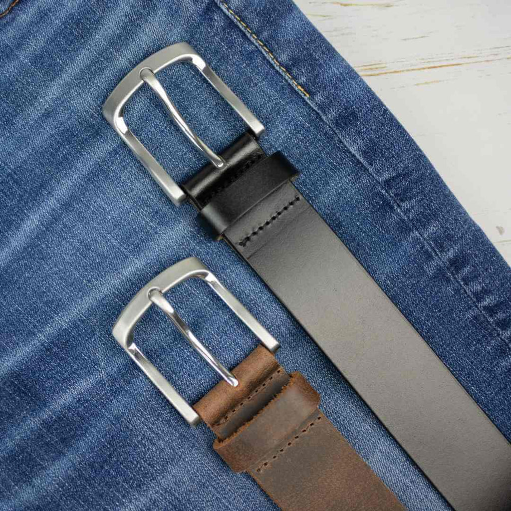 Image of 2 belts.  The Urbanite Black Leather Belt and The Urbanite Brown Distressed Leather Belts
