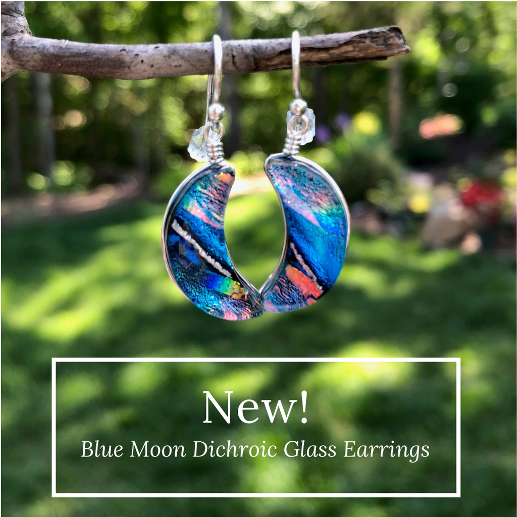 New! Blue Moon Dichroic Glass Earrings. Outdoor setting. Unique blend of blues, pinks, silvers, etc.