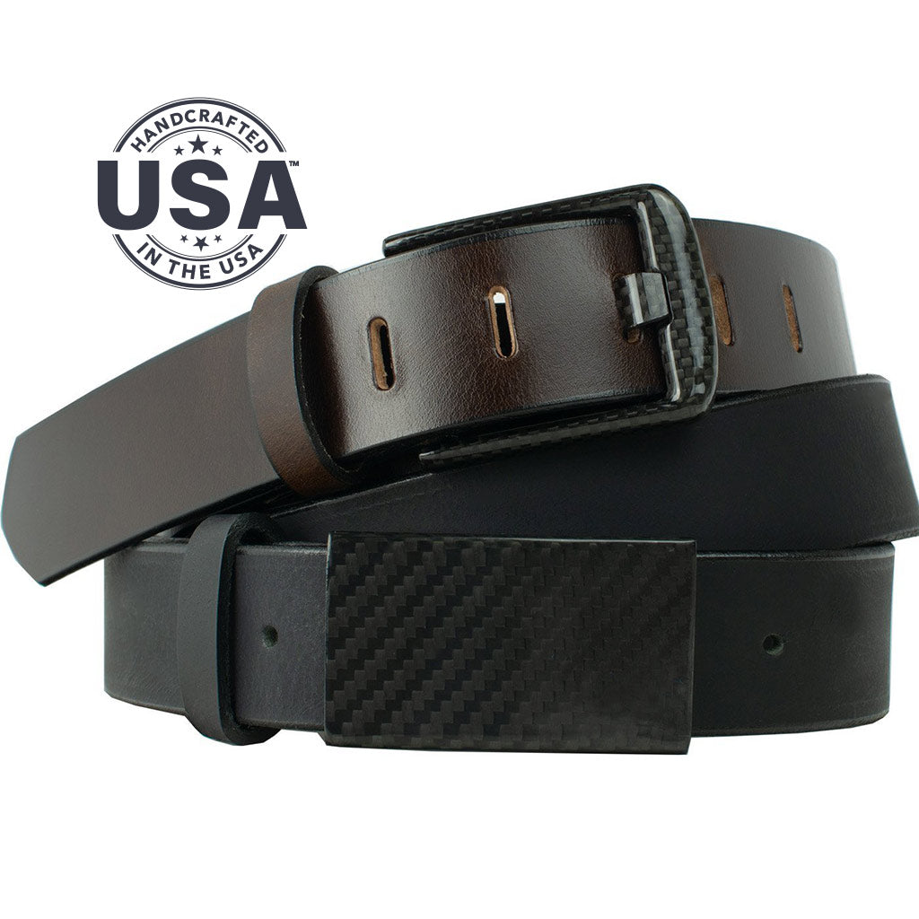 Zero Metal Belt Duo. Handcrafted in the USA. Brown belt has wide pin buckle; black has hook buckle.