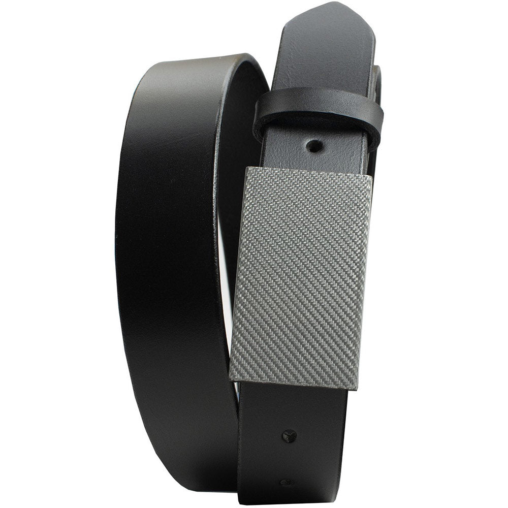 CF 2.0 Black Belt with Silver Weave Buckle. Rectangular hook buckle made from silver carbon fiber.