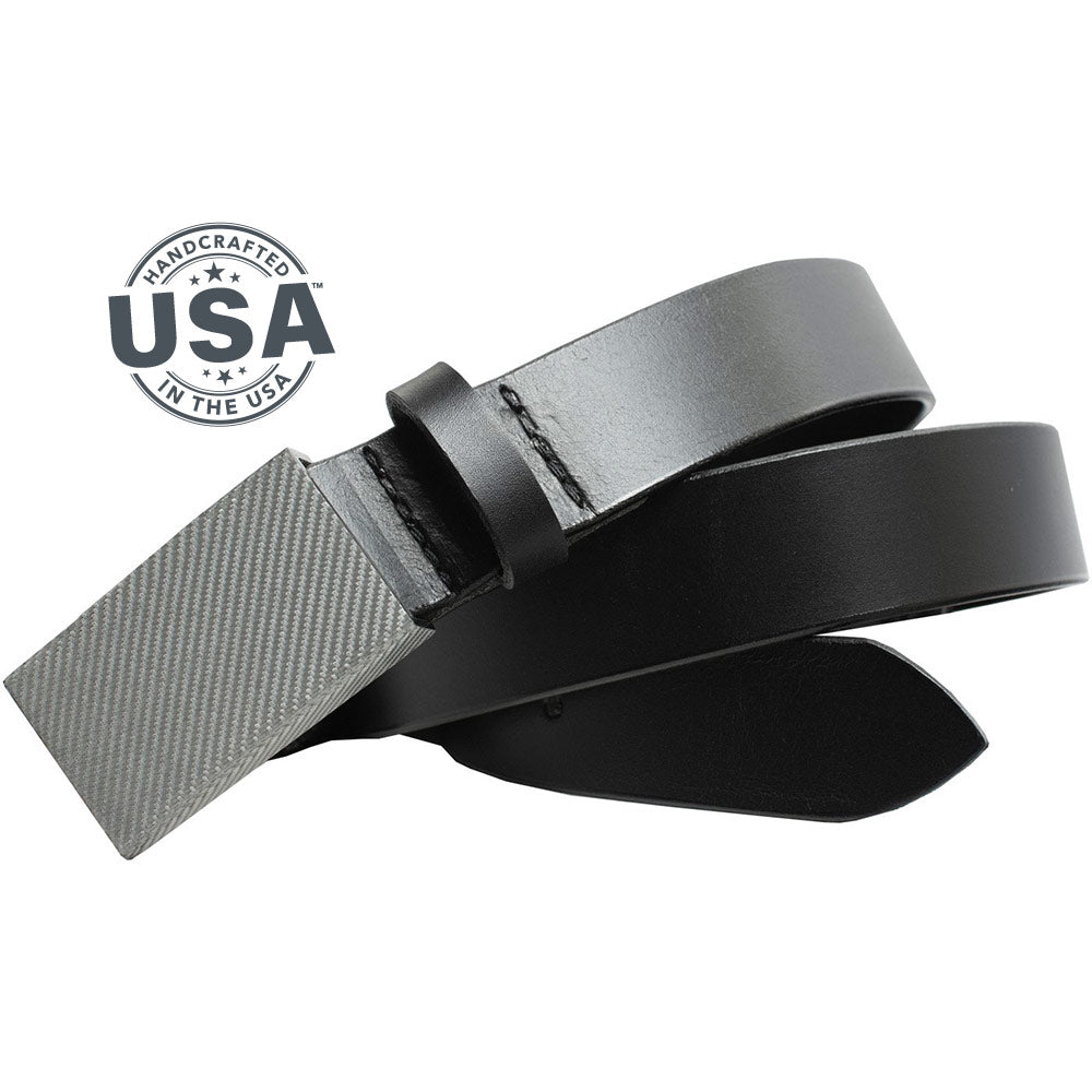 CF 2.0 Black Belt with Silver Weave Buckle. Handcrafted in the USA. No metal snaps or buckle.