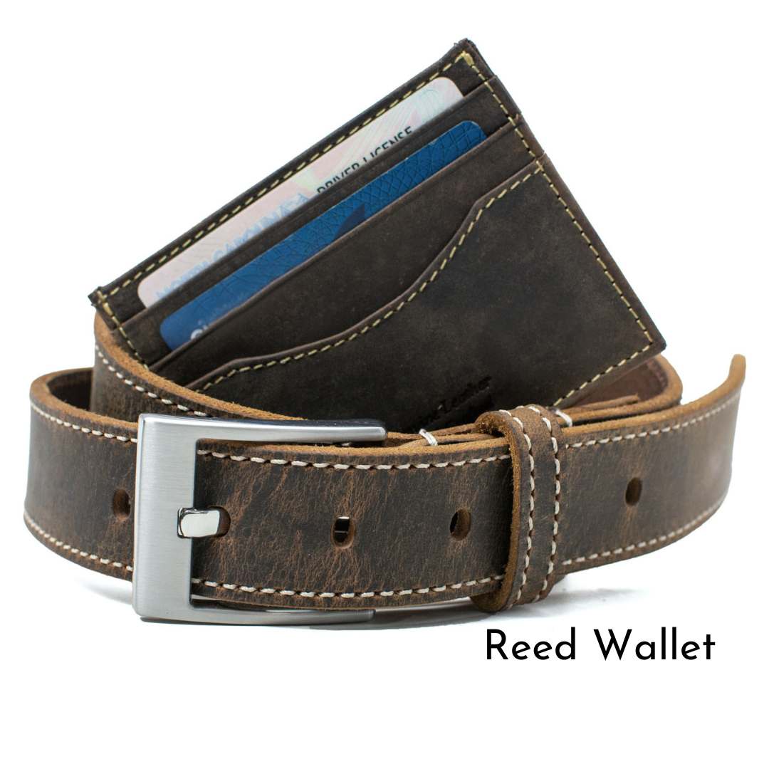 Caraway Mountain belt & Reed card holder. Distressed brown leather. Belt has cream edge stitching.