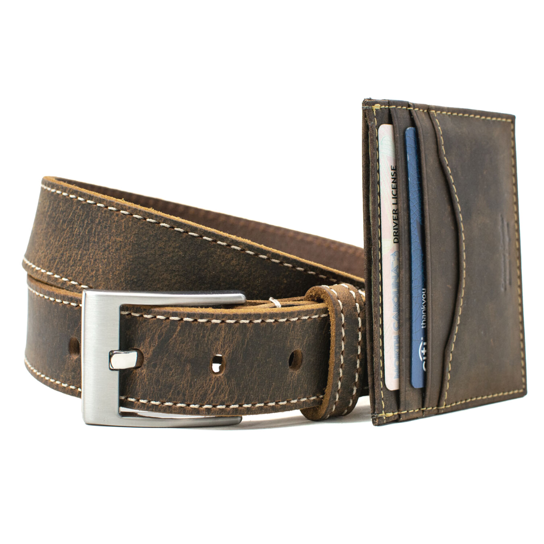 Caraway Mountain belt & Reed card holder. Distressed brown leather. Belt has cream edge stitching.