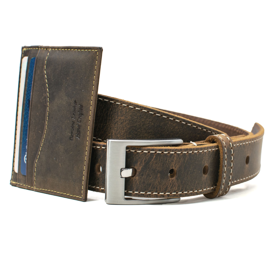 Caraway Mountain belt & Reed card holder. Distressed brown leather. Belt has cream edge stitching.