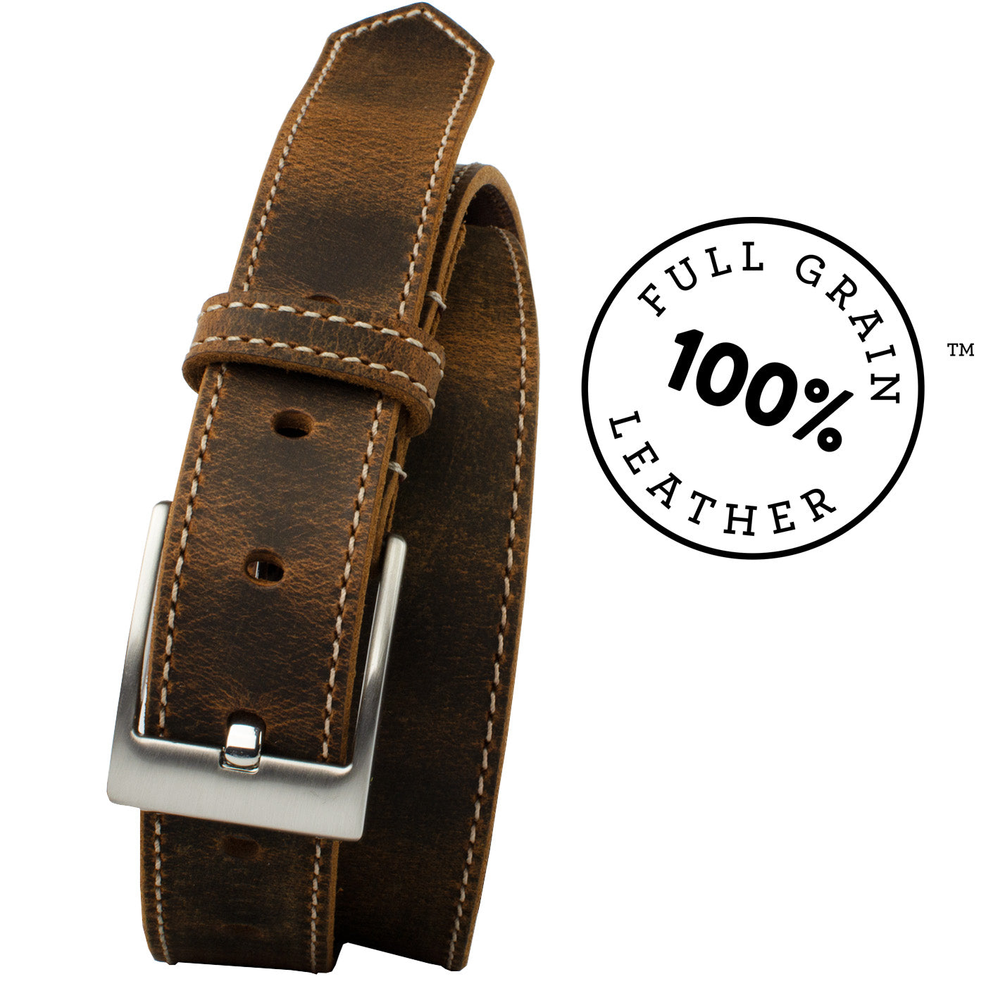 Caraway Mountain Distressed Brown Leather Belt (Stitched). 100% full grain leather strap.