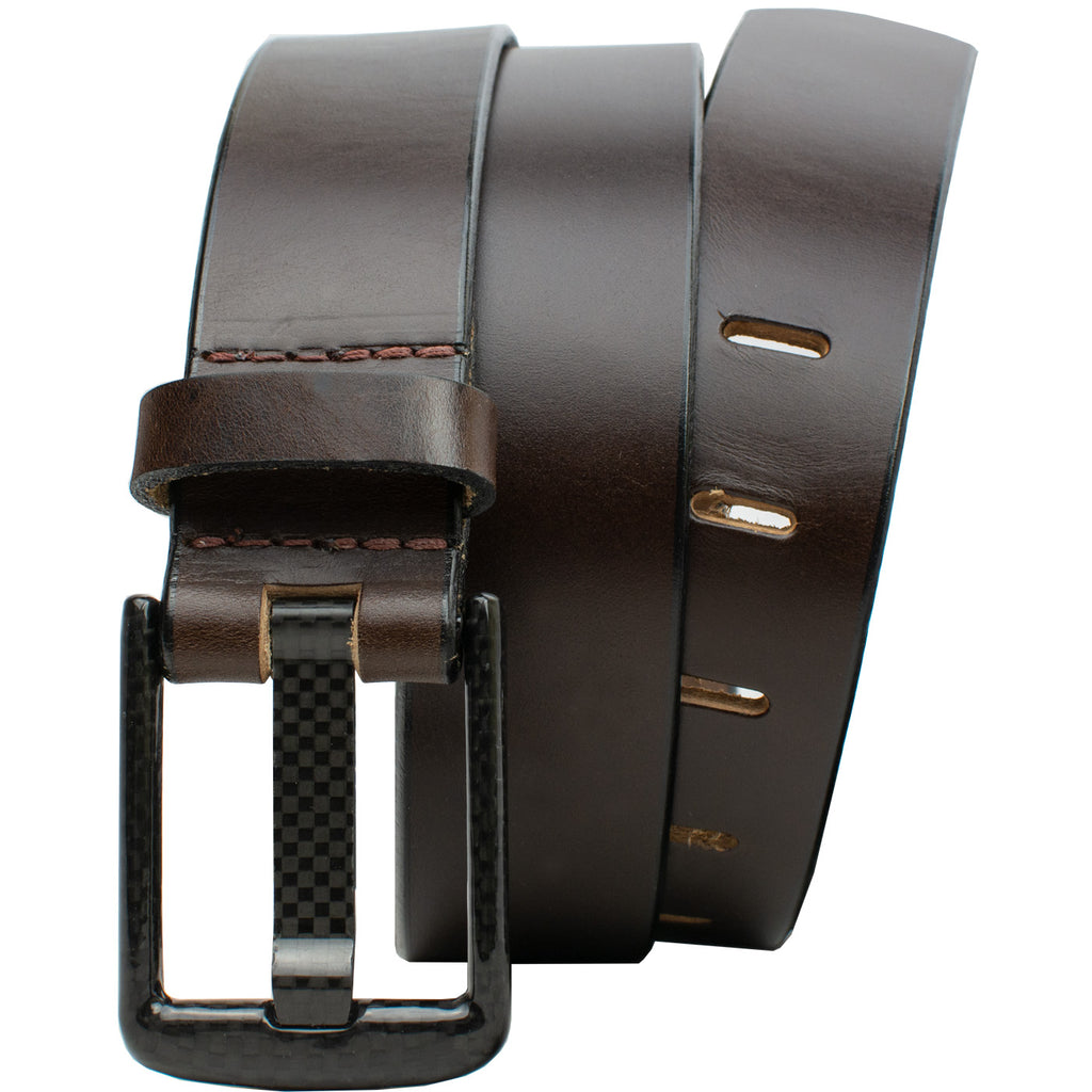 Carbon Fiber Wide Pin Brown Belt by Nickel Smart. Dark brown strap, black edges, black buckle.