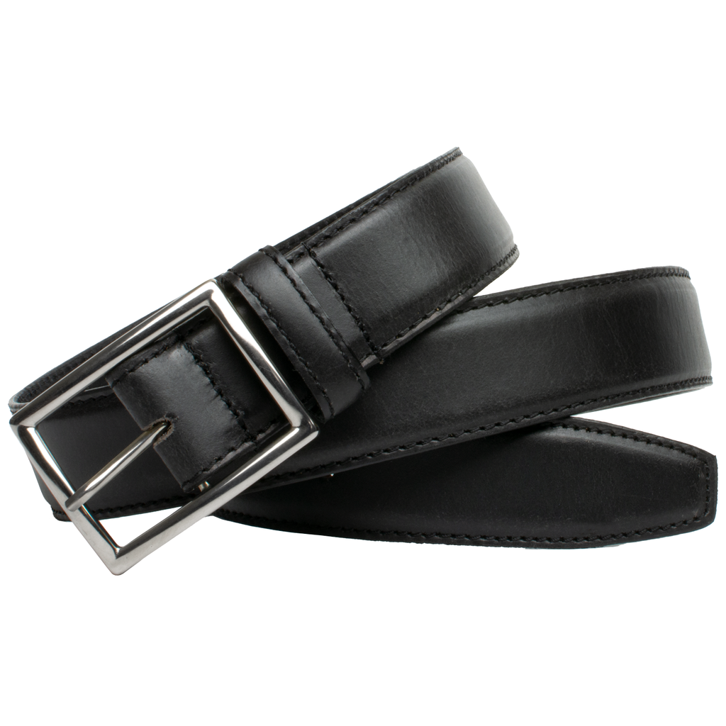 Entrepreneur Titanium Belt (Black) II by Nickel Smart. Silver-tone buckle; shiny black leather strap