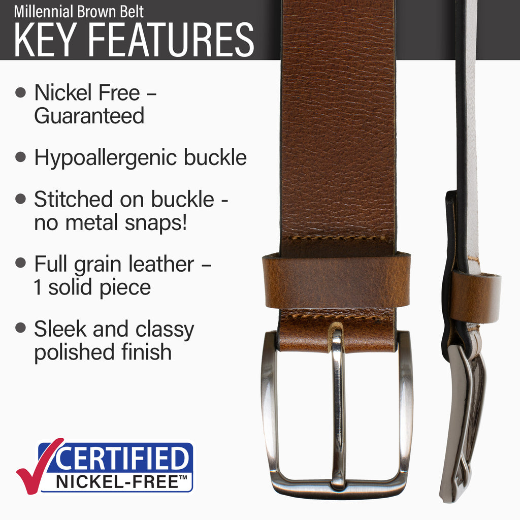 Hypoallergenic buckle, stitched on nickel-free buckle, full grain leather, polished finish.