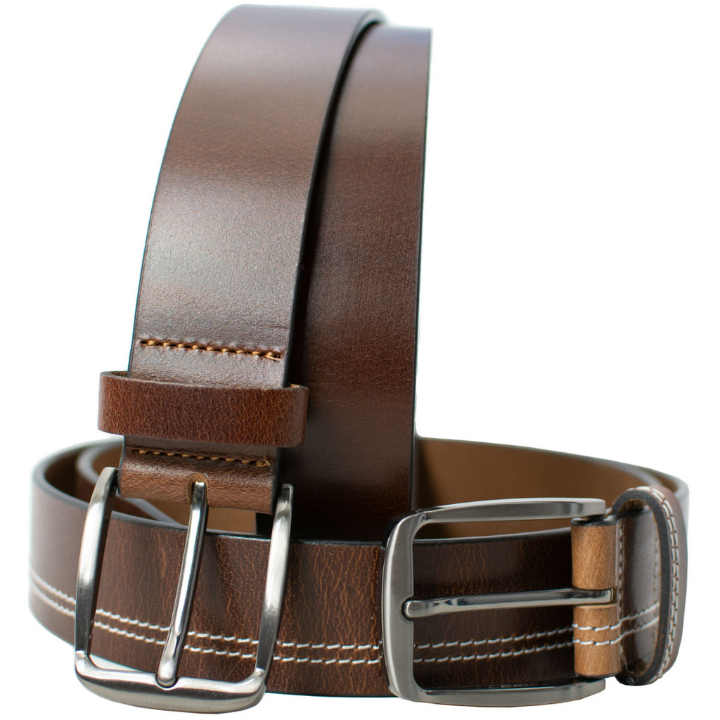 Millennial Brown and Brown Stitched Leather Belt Set. Rich brown leather, hypoallergenic buckle.