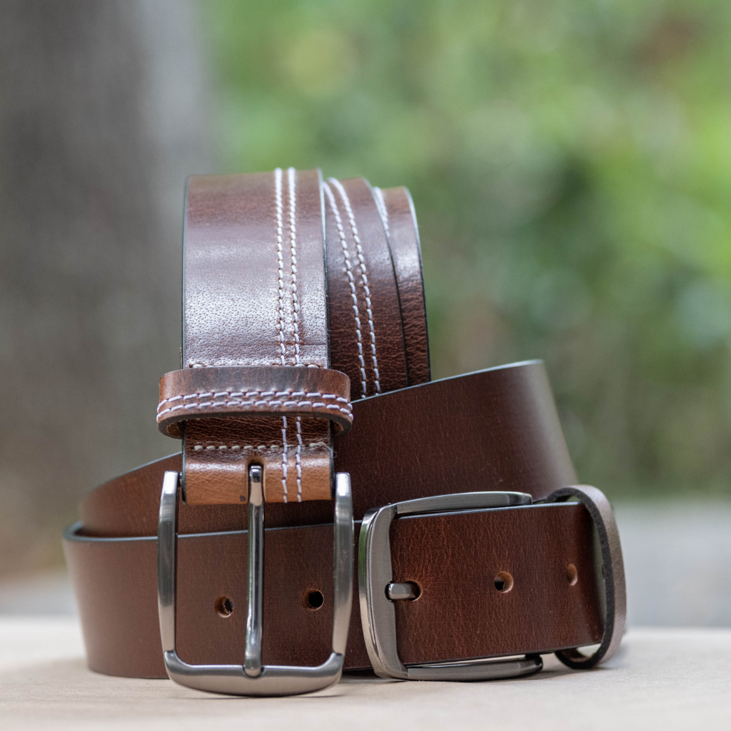 Millennial Brown and Brown Stitched Leather Belt Set by Nickel Zero. Brown full grain leather.