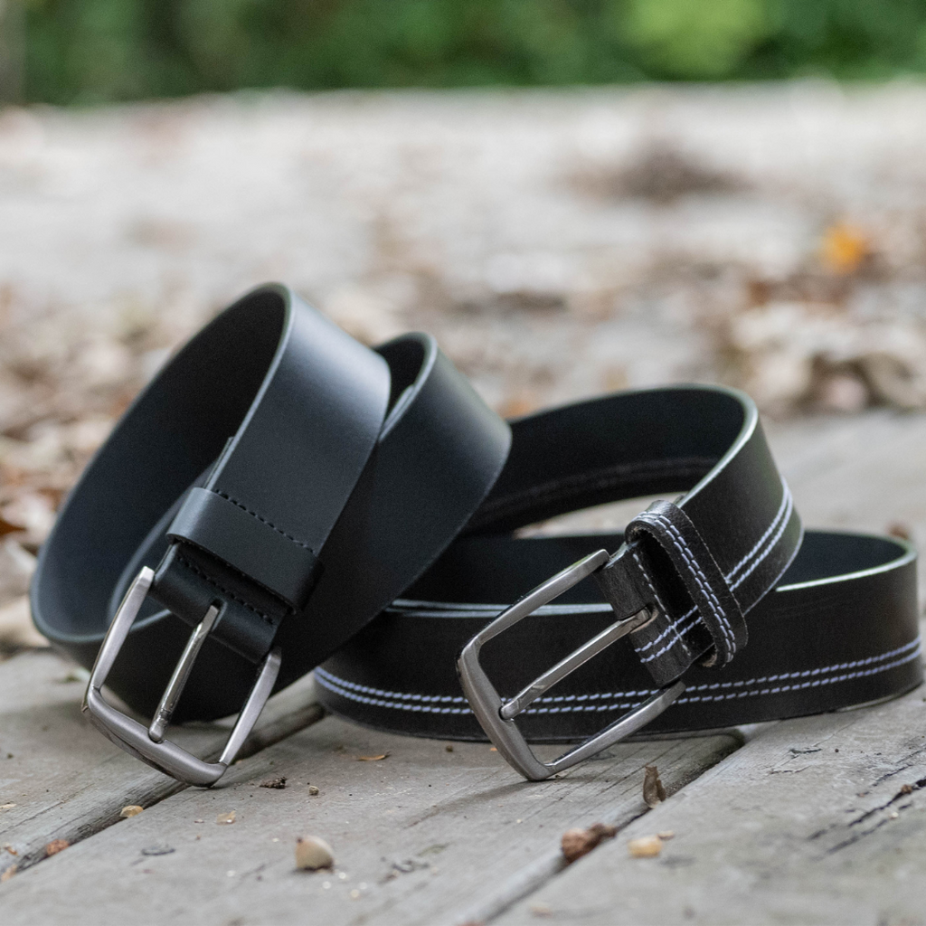Millennial Black and Black Stitched Leather Belt Set outside. Sleek nickel-free buckles stitched on.
