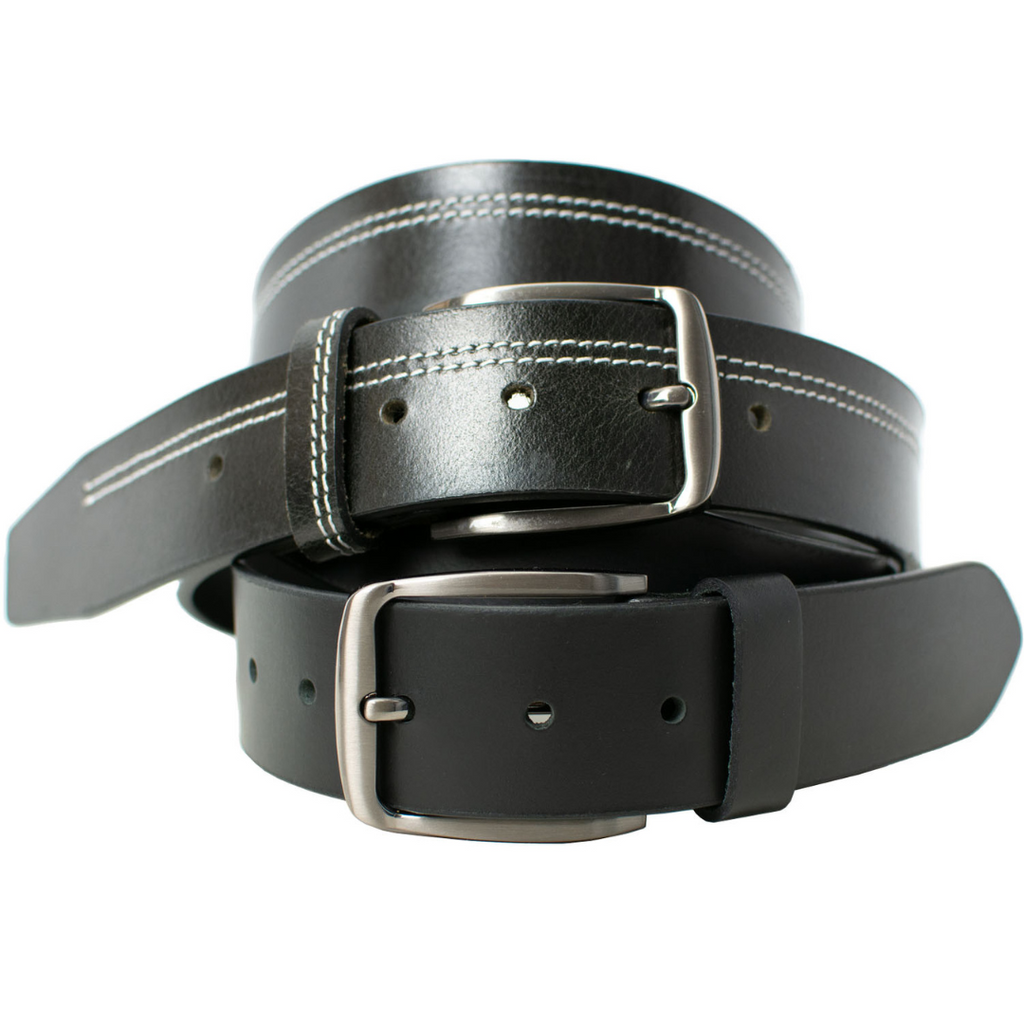 Millennial Black and Black Stitched Leather Belt Set. Casual black belts, hypoallergenic.