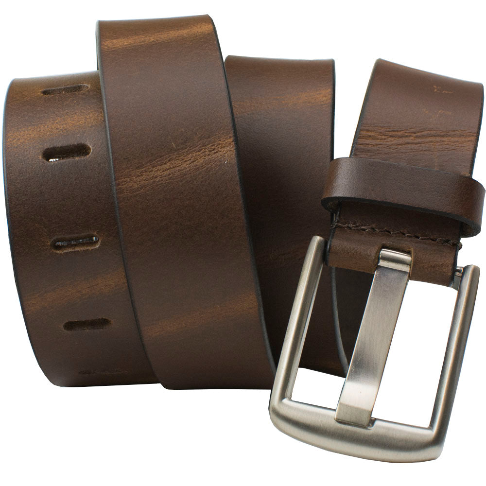 Brown Wide Pin Belt by Nickel Smart. Lightly distressed brown leather strap with silver-tone buckle.