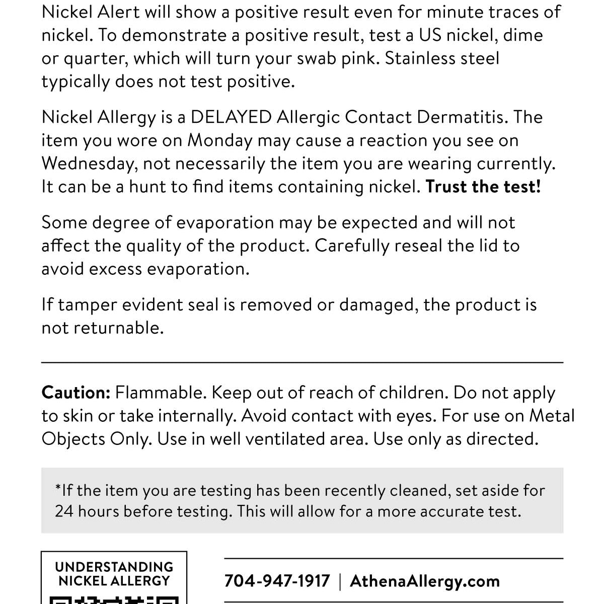Nickel Alert product instructions and Athena Allergy contact information.