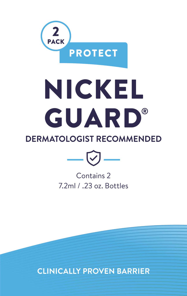 Nickel Guard packaging. Dermatologist recommended. Contains 2 1 7.2ml bottles of Nickel Guard.