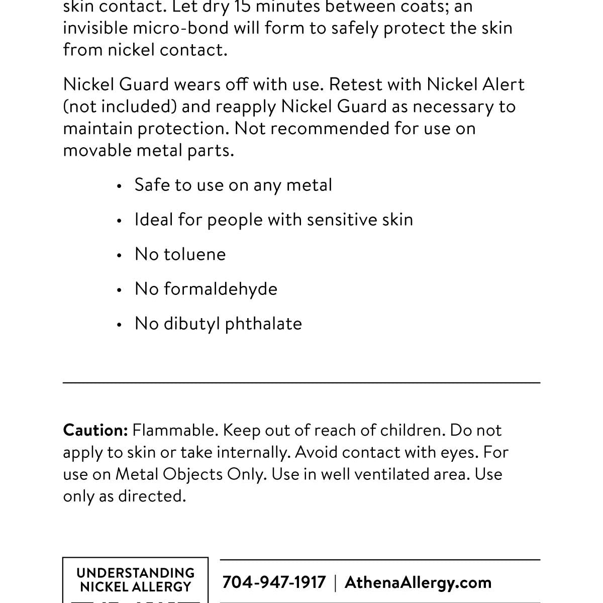 Nickel Guard product instructions and Athena Allergy contact information.