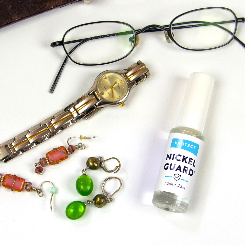 Jewelry and eye glasses coated with Nickel Guard so they can be worn by someone with nickel allergy.