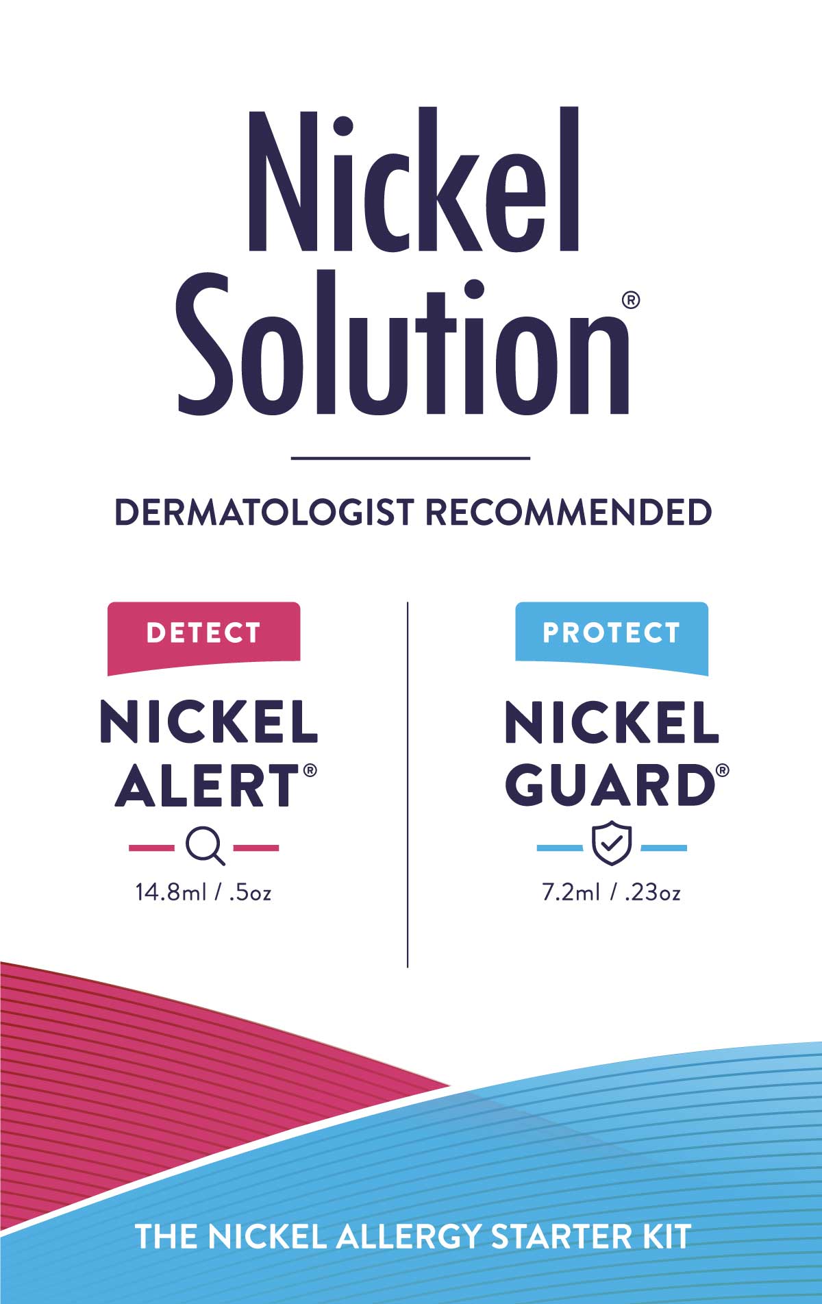 Nickel Solution packaging. Dermatologist recommended. 14.8ml Nickel Alert, 7.2ml bottle Nickel Guard