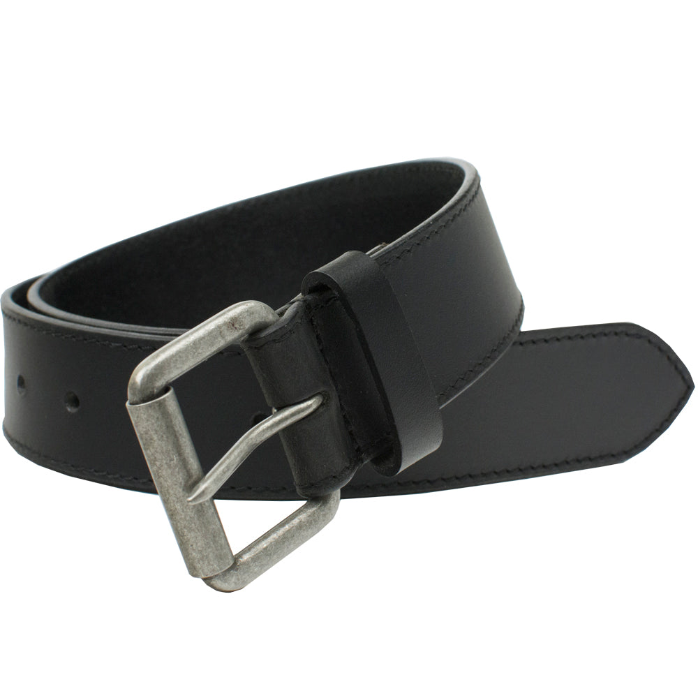 Outback Black Leather Belt by Nickel Zero. Metal buckle stitched to solid strap of black leather.