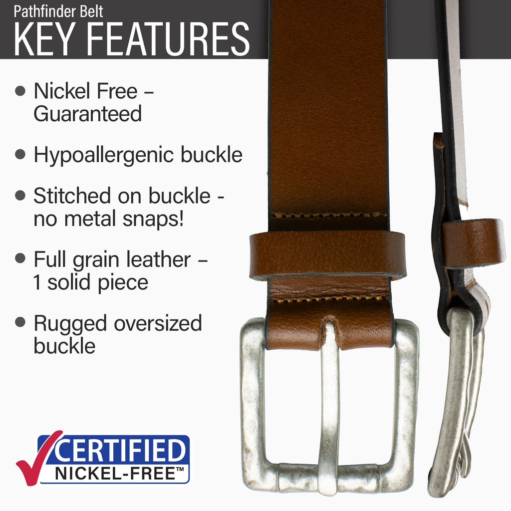 Hypoallergenic buckle, stitched on buckle, full grain leather, rugged oversized buckle.