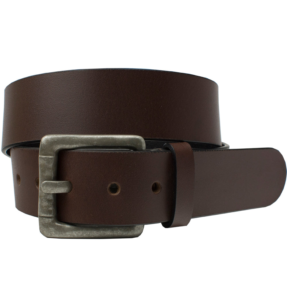 Pathfinder Brown Leather Belt. Bold square buckle with rustic hammerings; solid strap of leather.