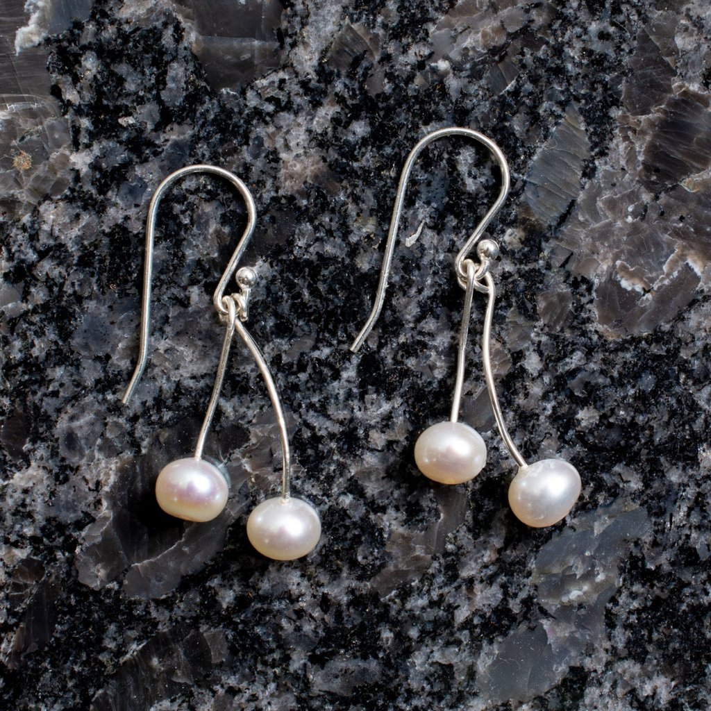 Nickel Free French hooks with 2 swinging pearls. Total of 4 pearls. 3.5 cm in total length
