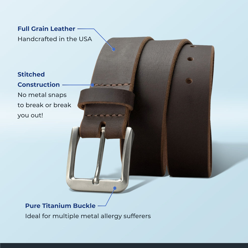 Full grain leather: made in USA; stitched construction: no snaps; pure titanium: low allergenicity.