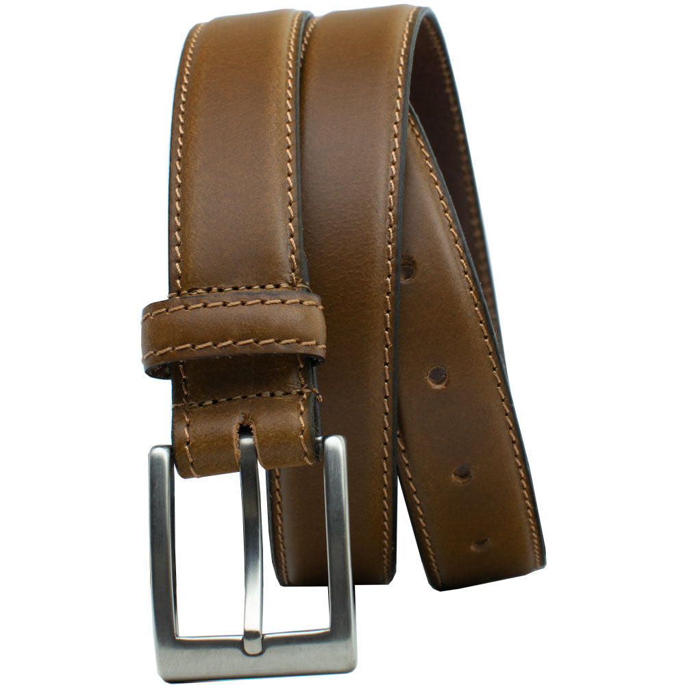 Silver Square Titanium Tan Belt by Nickel Smart. Tan dress belt for dress or professional wear.