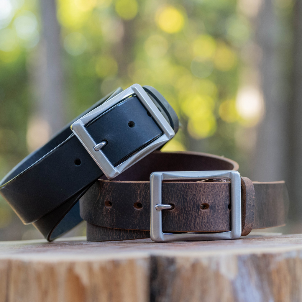 Image of Site Manager Leather Belt Set.  1 Black and 1 Distressed Brown Leather 1.5 inch strap. USA