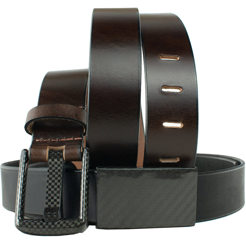 Zero Metal Belt Duo by Nickel Smart. One dark brown leather belt; one black. Carbon fiber buckles.