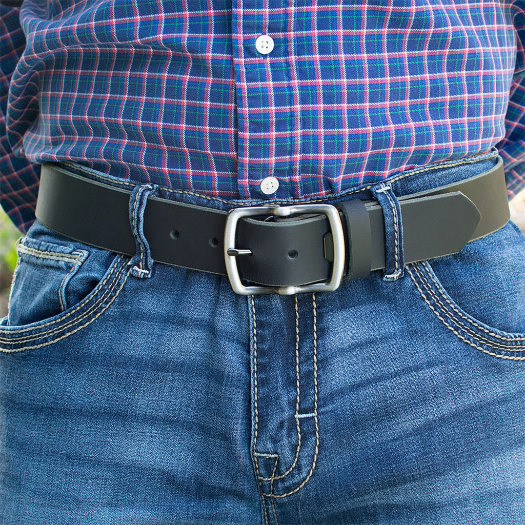 Cold Mountain Belt (Black with Gray Buckle) on model in jeans. Men's belt 1½ inches (38 mm) wide.