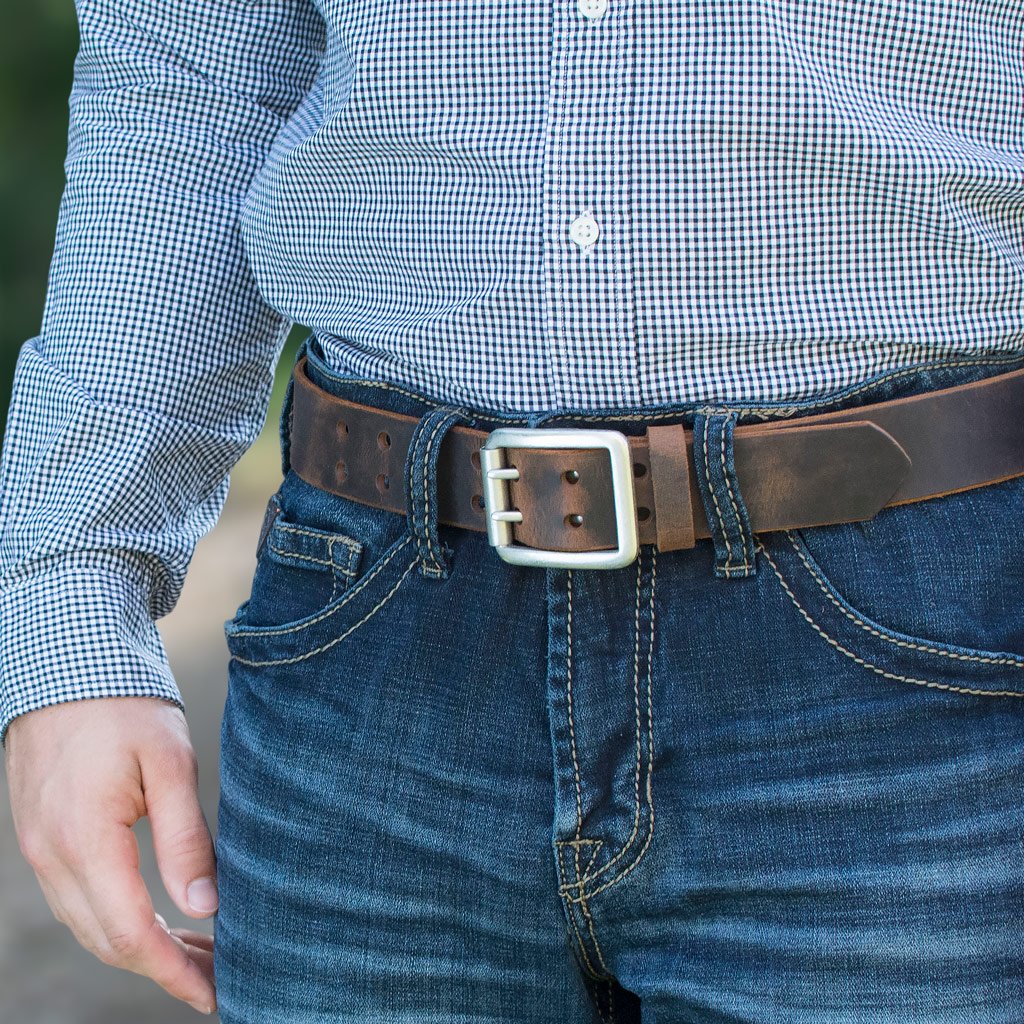 Ridgeline Trail Belt Set - brown belt on model. Casual strap; ideal for jeans. 1.5 inches wide.